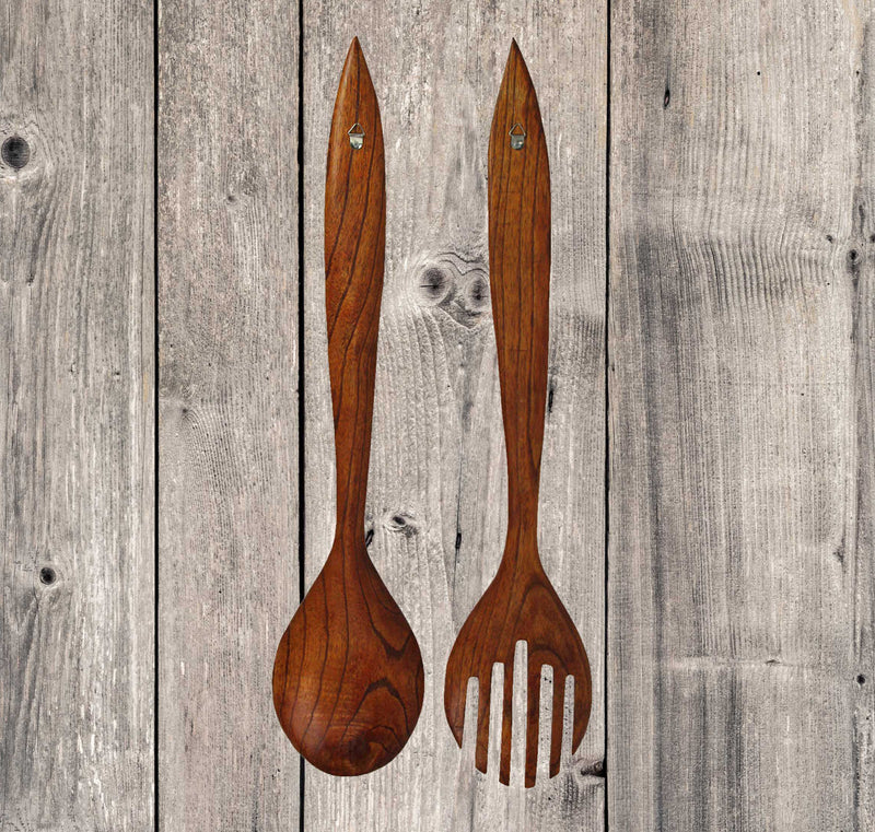 Set of 2 Hand-Carved Wooden Fork & Spoon Wall Decor Pieces - 23.75 Inches High - Modern Minimalist Elegance - Perfect for