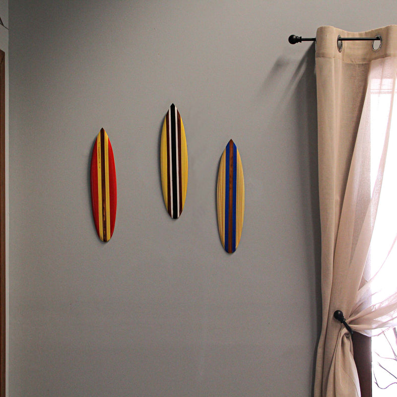 Multicolor - Image 4 - Set of 3 Handcrafted Wood Surfboard Wall Sculptures: Red, Blue, Brown Racing Stripes, Each 16 Inches