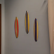 Set of 6 Handcrafted Wood Surfboard Wall Hanging Decor - Red, Blue, Brown Racing Stripes, Each 16 Inches Long - Easy Install