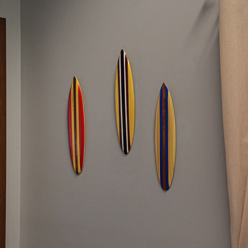 Set of 6 Handcrafted Wood Surfboard Wall Hanging Decor - Red, Blue, Brown Racing Stripes, Each 16 Inches Long - Easy Install