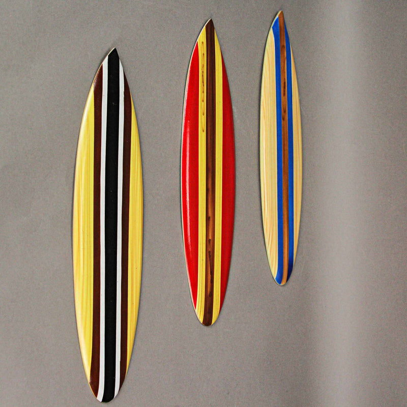 Set of 6 Handcrafted Wood Surfboard Wall Hanging Decor - Red, Blue, Brown Racing Stripes, Each 16 Inches Long - Easy Install