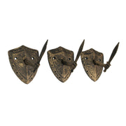 Zeckos Cast Iron Fun Wall Hooks - Set of 3, Bronze Sword & Shield Decorative Hooks for Entryway Wall, Perfect for Swordsman,