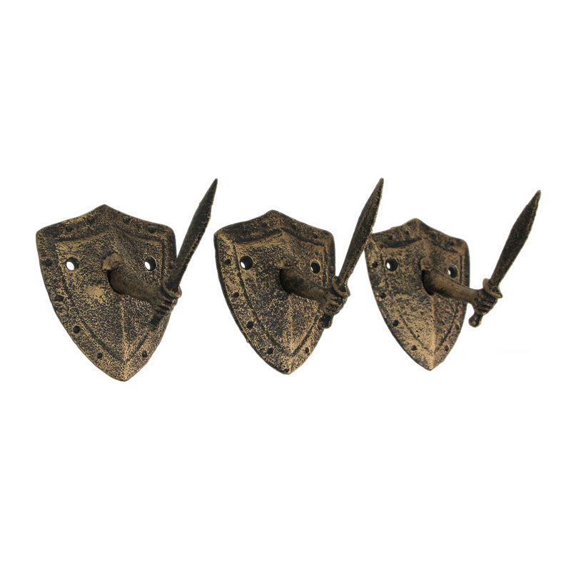 Zeckos Cast Iron Fun Wall Hooks - Set of 3, Bronze Sword & Shield Decorative Hooks for Entryway Wall, Perfect for Swordsman,