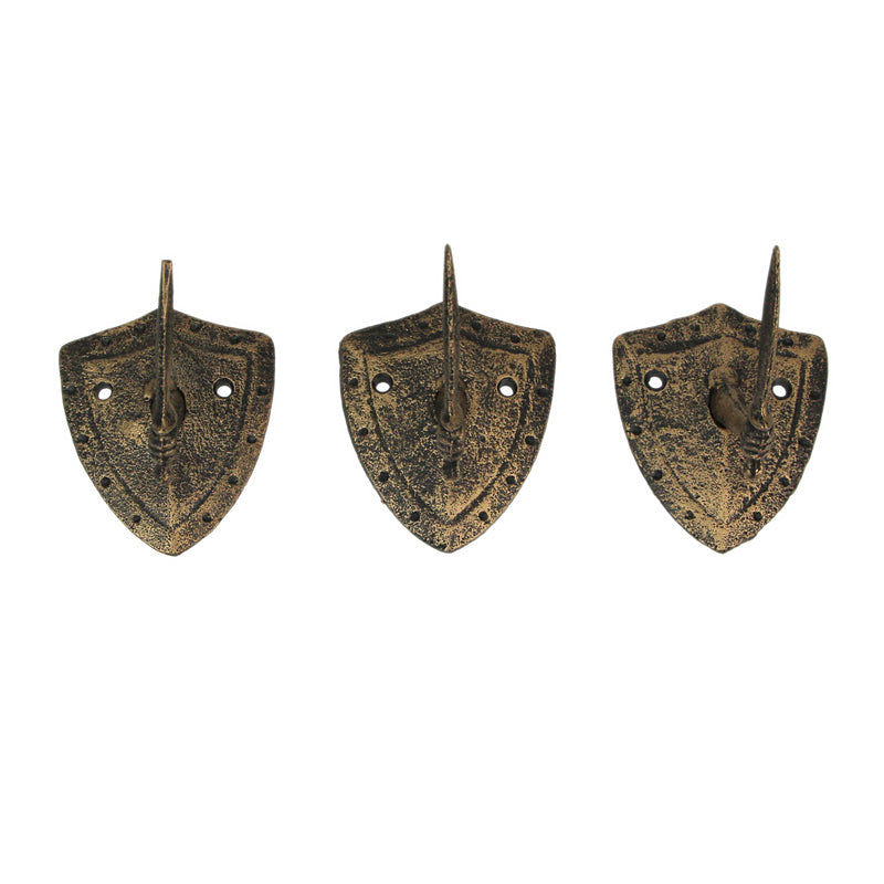 Zeckos Cast Iron Fun Wall Hooks - Set of 3, Bronze Sword & Shield Decorative Hooks for Entryway Wall, Perfect for Swordsman,
