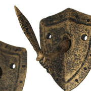 Zeckos Cast Iron Fun Wall Hooks - Set of 3, Bronze Sword & Shield Decorative Hooks for Entryway Wall, Perfect for Swordsman,