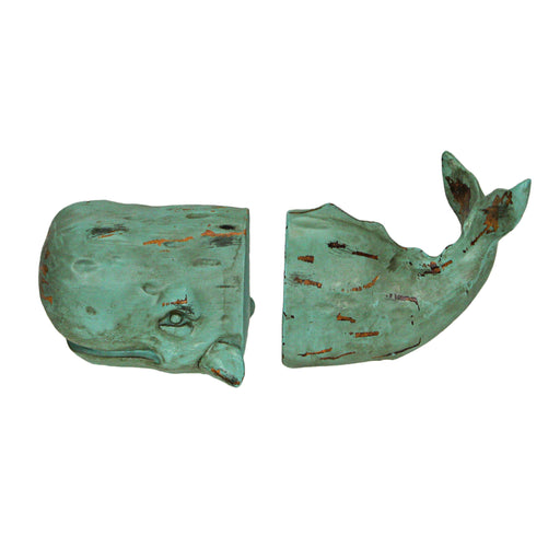 Verdigris Green Finish Sperm Whale Head and Tail Bookends Set of 2: Unique Nautical Decor Crafted from Durable Cast Resin,