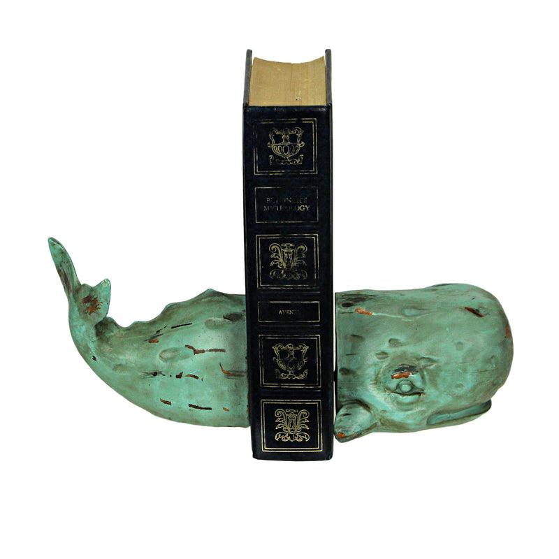 Set of 2 Sperm Whale Decorative Bookends, 10 Inch Verdigris Resin Image 10
