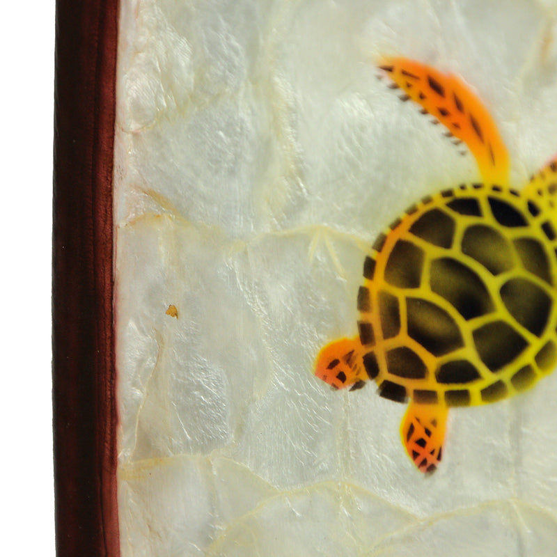 Hand-Carved Wood and Capiz Shell Decorative Surfboard Featuring Four Sea Turtles - Artisan Crafted - Coastal Ocean Art Wall