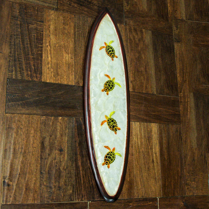 Hand-Carved Wood and Capiz Shell Decorative Surfboard Featuring Four Sea Turtles - Artisan Crafted - Coastal Ocean Art Wall