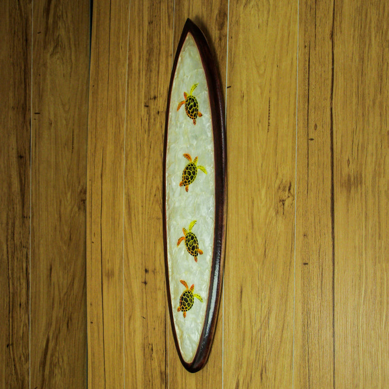 Hand-Carved Wood and Capiz Shell Decorative Surfboard Featuring Four Sea Turtles - Artisan Crafted - Coastal Ocean Art Wall