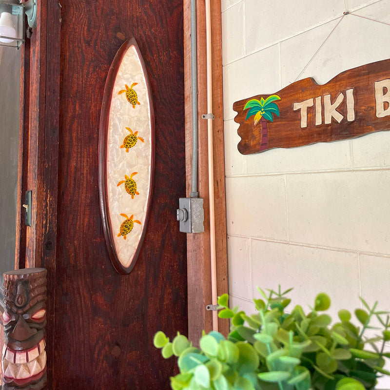 Hand-Carved Wood and Capiz Shell Decorative Surfboard Featuring Four Sea Turtles - Artisan Crafted - Coastal Ocean Art Wall