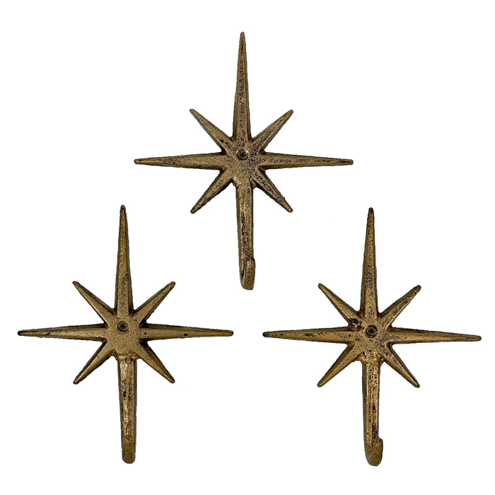 Gold - Image 2 - Set of 3 Gold Finish Cast Iron 8-Pointed Atomic Starburst Wall Hooks - Mid-Century Modern Elegance - Easy