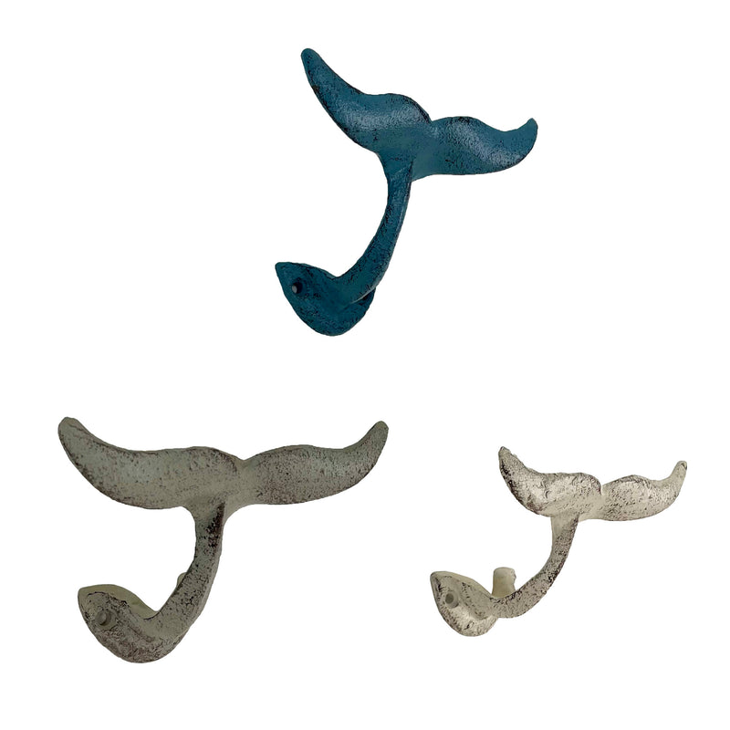 Set of 3 Cast Iron Nautical Whale Tail Wall Hooks - Stylish and Functional Towel, Hat, and Key Hangers - Rustic 5-Inch