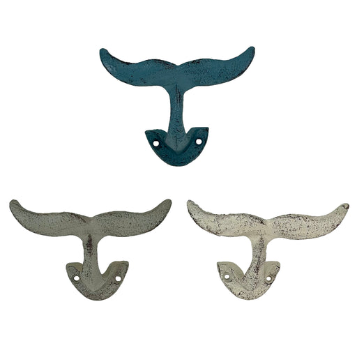 Set of 3 Cast Iron Nautical Whale Tail Wall Hooks - Stylish and Functional Towel, Hat, and Key Hangers - Rustic 5-Inch