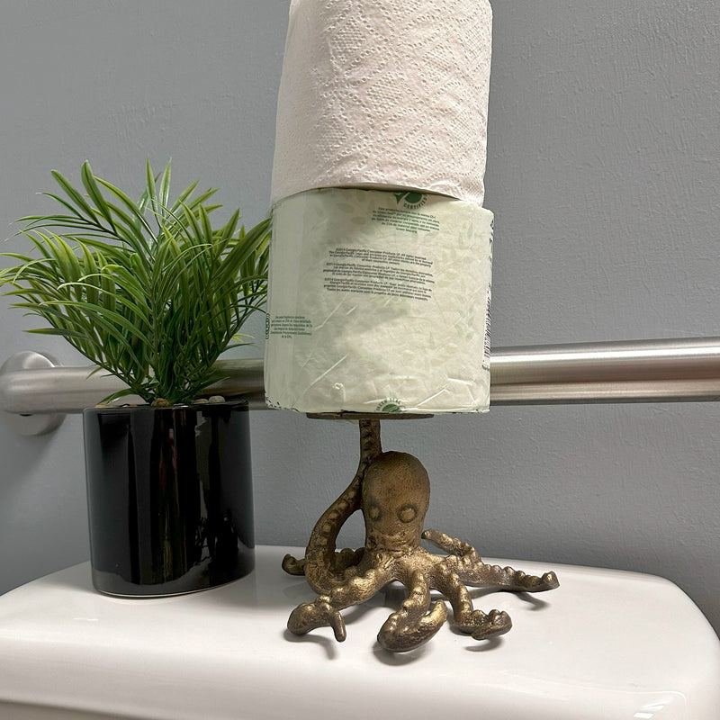 Bronze Cast Iron Octopus Paper Towel Holder - 17 Inches High - Whimsical Nautical Decor for Kitchen Countertops - Bringing