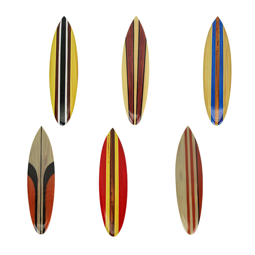 Set of 6 Handcrafted Wood Surfboard Wall Hanging Decor - Red, Blue, Brown Racing Stripes, Each 16 Inches Long - Easy Install
