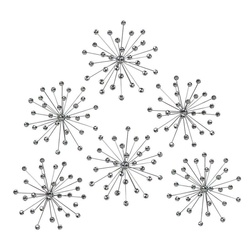 Set of 6 Silver Starburst Metal Wall Art - Modern Home Decor with Radiant Crystal Accents and Timeless Elegance - 10 Inches
