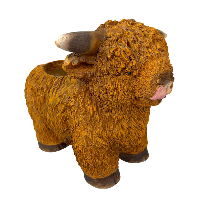 Light Brown - Image 1 - Zeckos Highland Cow Planter, Brown Painted Magnesium Oxide Animal-Shaped Freestanding Planter, 12