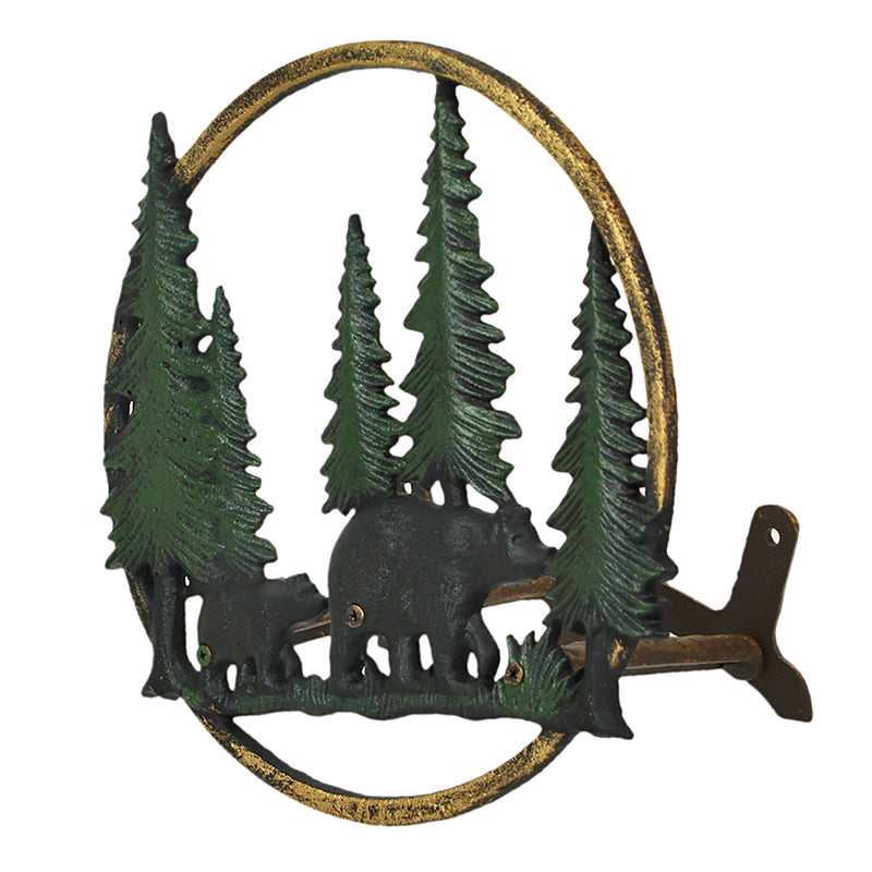 Bears - Green - Image 2 - Cast Iron Black Bears in Forest Decorative Wall Mounted Hanging Garden Hose Hanger - 11 Inches in