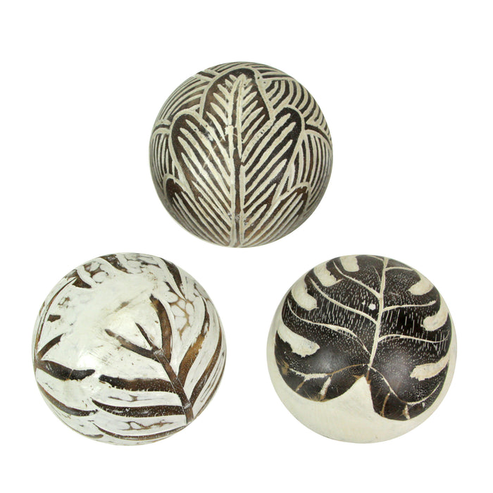 Set of 3 Whitewashed Carved Tropical Leaf Solid Wood Decor Balls For Centerpieces and Tabletop Displays 4 Inch Diameter Image