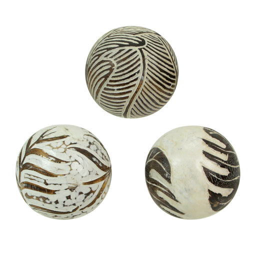 Set of 3 Whitewashed Carved Tropical Leaf Solid Wood Decor Balls For Centerpieces and Tabletop Displays 4 Inch Diameter Image