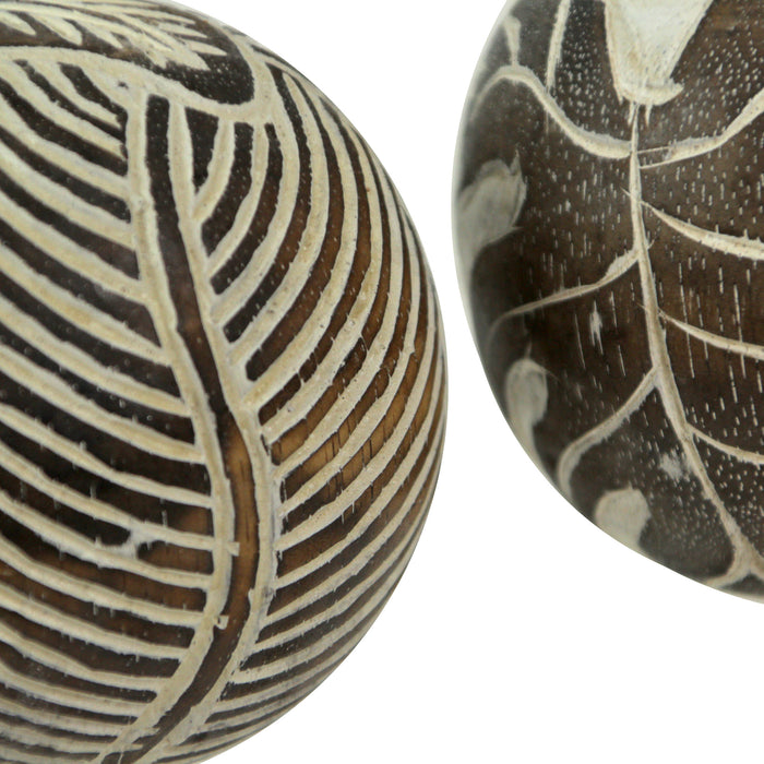 Set of 3 Whitewashed Carved Tropical Leaf Solid Wood Decor Balls For Centerpieces and Tabletop Displays 4 Inch Diameter Image