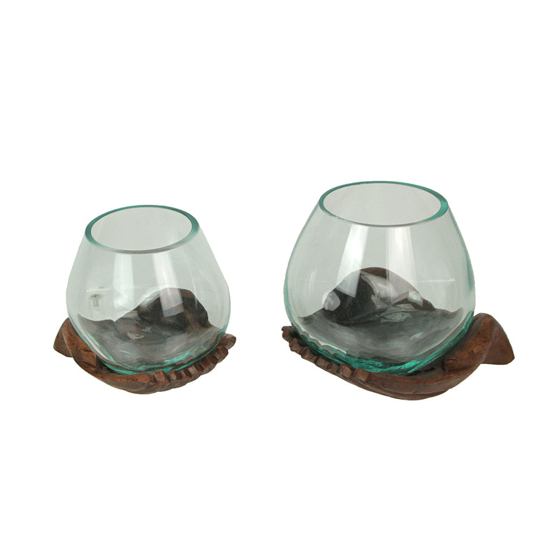 6 Inch & 5.25 Inch - Image 1 - 6 and 5 Inch Tall Blown Molten Glass and Carved Wood Hands Decorative Bowls, Vases, and