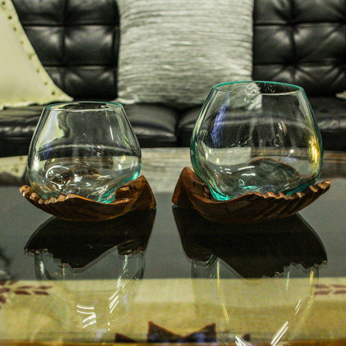 6 Inch & 5.25 Inch - Image 4 - 6 and 5 Inch Tall Blown Molten Glass and Carved Wood Hands Decorative Bowls, Vases, and