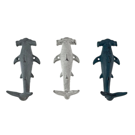 Charming Hammerhead Shark Wall Hooks Set – Decorative Cast Iron Hooks in Blue, Gray, and White, Nautical Decor for Beachy