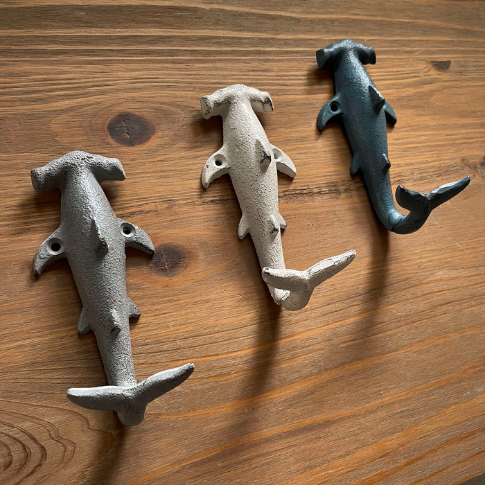 Charming Hammerhead Shark Wall Hooks Set – Decorative Cast Iron Hooks in Blue, Gray, and White, Nautical Decor for Beachy