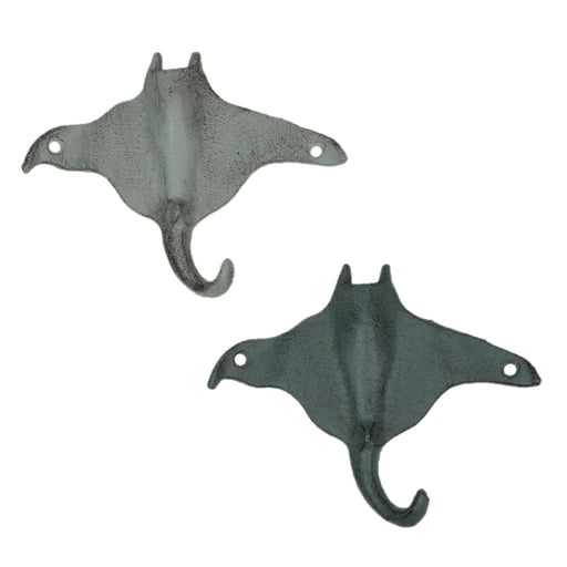 Set of 2 Cast Iron Stingray Wall Hooks in Blue and Gray – Coastal Nautical Wall Mounted Hooks with Matte Finish for Bathroom,
