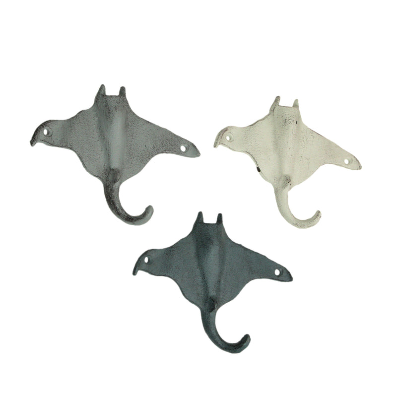 Set of 3 Stingray Wall Hooks, 6.25 Inch Blue Gray White Cast Iron Image 2