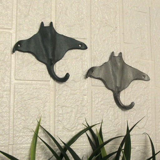 Set of 2 Cast Iron Stingray Wall Hooks in Blue and Gray – Coastal Nautical Wall Mounted Hooks with Matte Finish for Bathroom,