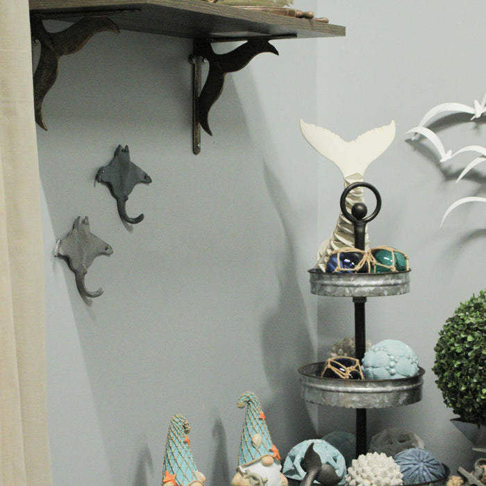 Set of 2 Cast Iron Stingray Wall Hooks in Blue and Gray – Coastal Nautical Wall Mounted Hooks with Matte Finish for Bathroom,