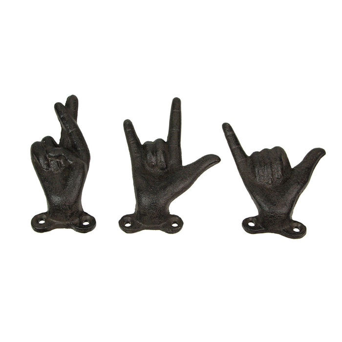 Black - Image 1 - Set of 3 Brown Cast Iron Hand Gesture Wall Hooks: Playful Key or Towel Hangers with Rock-On, ASL I Love