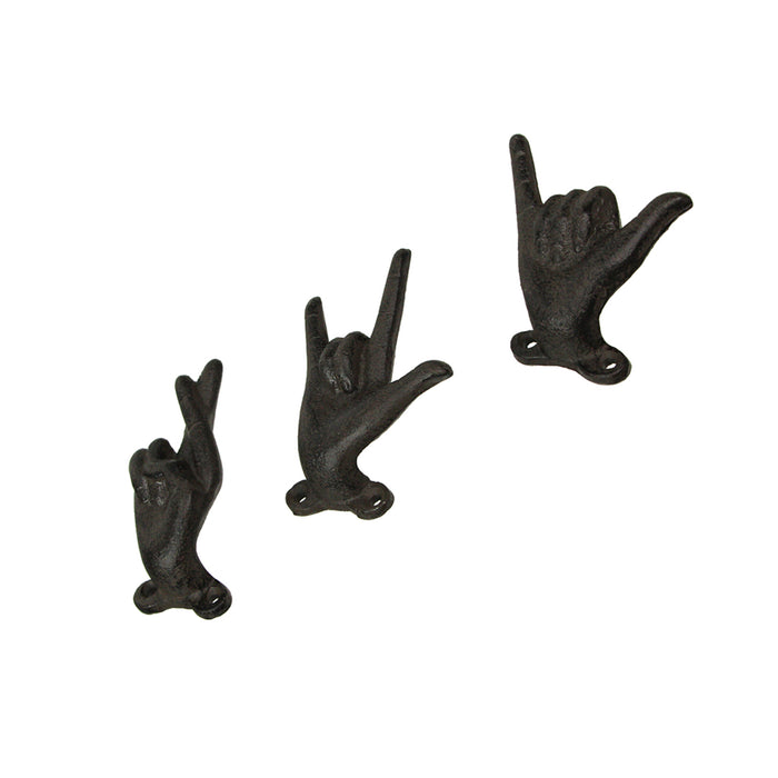 Black - Image 3 - Set of 3 Brown Cast Iron Hand Gesture Wall Hooks: Playful Key or Towel Hangers with Rock-On, ASL I Love