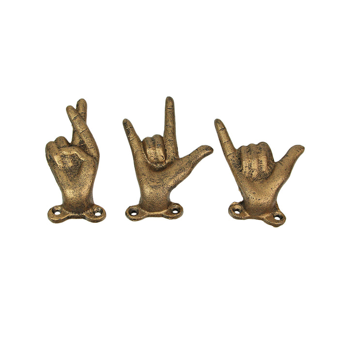 Yellow - Image 1 - Set of 3 Antique Gold Cast Iron Hand Gesture Wall Hooks: Playful Key or Towel Hangers with Rock-On, ASL I