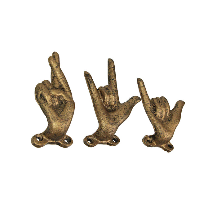 Yellow - Image 2 - Set of 3 Antique Gold Cast Iron Hand Gesture Wall Hooks: Playful Key or Towel Hangers with Rock-On, ASL I