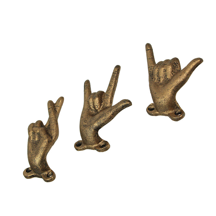 Yellow - Image 3 - Set of 3 Antique Gold Cast Iron Hand Gesture Wall Hooks: Playful Key or Towel Hangers with Rock-On, ASL I