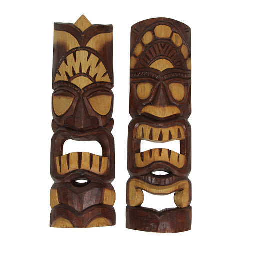 Hand Carved Natural Stained Wood Polynesian Style Tiki Wall Hanging Masks 20 inch Set of 2 Tropical Décor Image 1