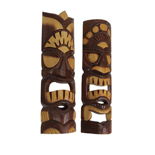 Tiki Wall Masks Set of 2, 20 Inch Tall Hand-Carved Brown Wood Image 2