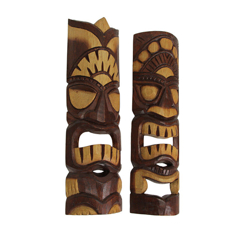 Hand Carved Natural Stained Wood Polynesian Style Tiki Wall Hanging Masks 20 inch Set of 2 Tropical Décor Image 2
