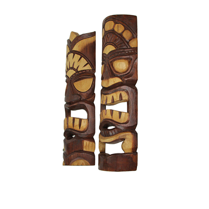 Hand Carved Natural Stained Wood Polynesian Style Tiki Wall Hanging Masks 20 inch Set of 2 Tropical Décor Image 3