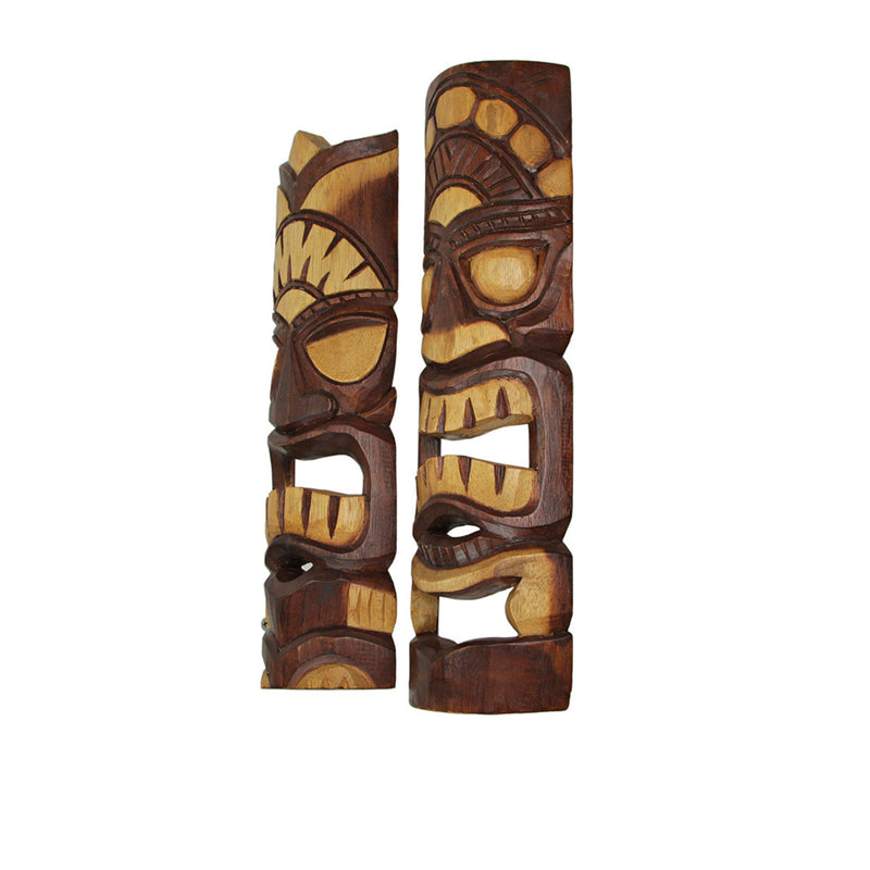 Tiki Wall Masks Set of 2, 20 Inch Tall Hand-Carved Brown Wood Image 3
