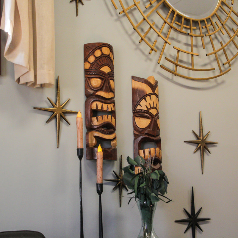 Hand Carved Natural Stained Wood Polynesian Style Tiki Wall Hanging Masks 20 inch Set of 2 Tropical Décor Image 4