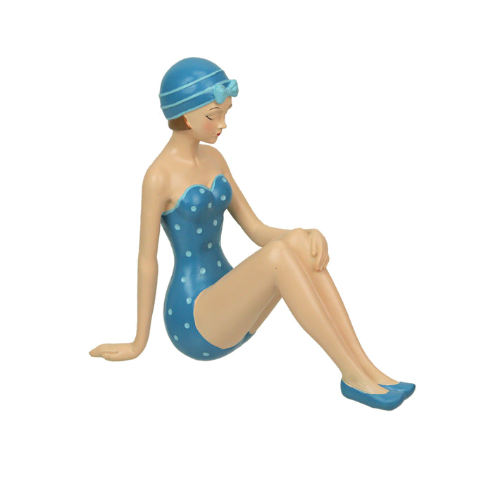 Seated Relaxation Pose - Blue PD - Image 1 - Vintage Bathing Beauty Statue - Blue & White Polka Dot Swimsuit - 8" Nostalgic