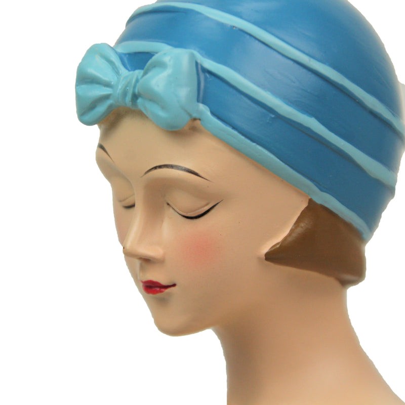 Seated Relaxation Pose - Blue PD - Image 5 - Vintage Bathing Beauty Statue - Aegean Blue & White Polka Dot Swimsuit - 8"