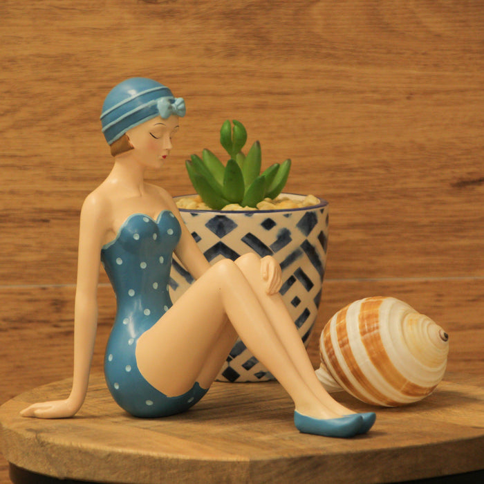 Seated Relaxation Pose - Blue PD - Image 4 - Vintage Bathing Beauty Statue - Blue & White Polka Dot Swimsuit - 8" Nostalgic