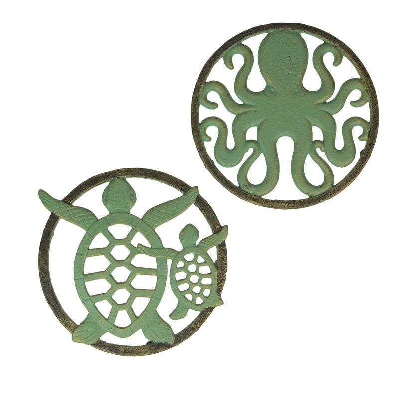 Charming Cast Iron Trivet Set: Nautical Octopus & Sea Turtle Design, Verdigris Finish with Bronze Accents, Durable