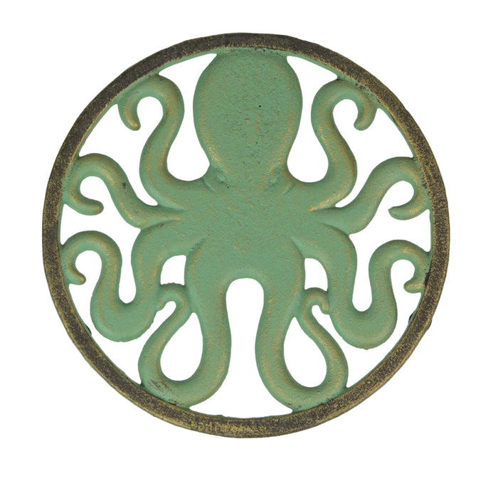 Cast Iron Octopus Trivet – Verdigris Finish, Bronze Accents, 7.75" Diameter, Heat-Resistant and Durable Kitchen Décor,